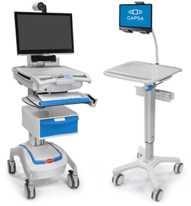 M38e Telepresence, left and SlimCart™ with Flex Arm attachment, right