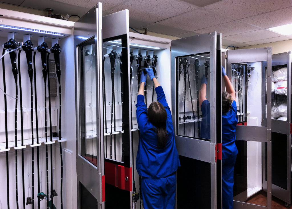 TruAir Scope Cabinet in Hospital with Nurses Hanging Endocopes